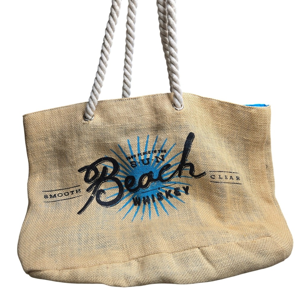 Beach Whiskey Burlap Jute Tote Bag Rope Handles Smooth Clear Sun Promo Bag